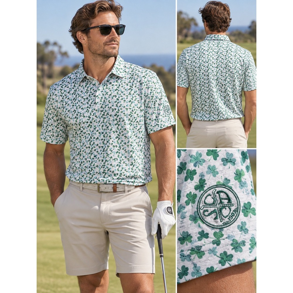 johnnie-O Polo Mens Large White Green Shamrock Print Performance Golf Shirt
